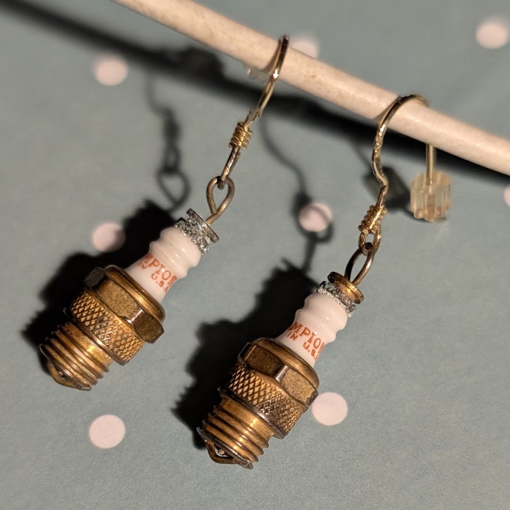 Unique Goldtone Spark Plug Earrings